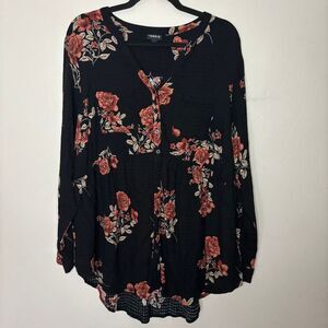 Torrid Shirt Womens 1x (1) Black Floral Emma Babydoll Crinkle Long Sleeve Blouse